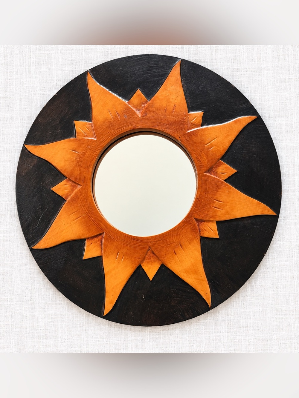 Vintage 11.5” Hand Painted Wood Sunburst Mirror Black Orange Celestial